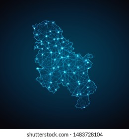 Abstract geometric mesh polygonal light Serbia map. Business wireframe mesh spheres from flying debris. Blue structure style vector illustration concept.