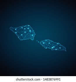 Abstract geometric mesh polygonal light Samoa map. Business wireframe mesh spheres from flying debris. Blue structure style vector illustration concept.