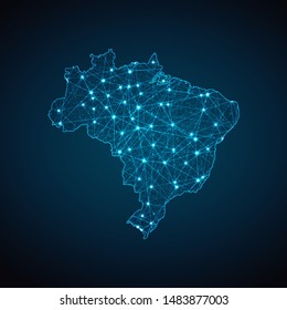 Abstract geometric mesh polygonal light Brazil map. Business wireframe mesh spheres from flying debris. Blue structure style vector illustration concept.