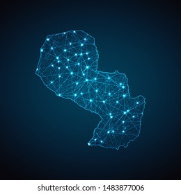 Abstract geometric mesh polygonal light Paraguay map. Business wireframe mesh spheres from flying debris. Blue structure style vector illustration concept.