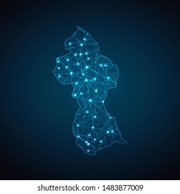 Abstract geometric mesh polygonal light Guyana map. Business wireframe mesh spheres from flying debris. Blue structure style vector illustration concept.