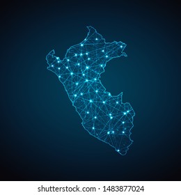 Abstract geometric mesh polygonal light Peru map. Business wireframe mesh spheres from flying debris. Blue structure style vector illustration concept.