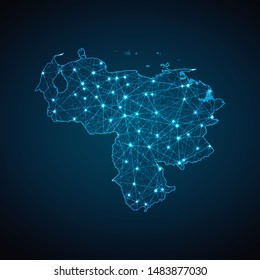 Abstract geometric mesh polygonal light Venezuela map. Business wireframe mesh spheres from flying debris. Blue structure style vector illustration concept.