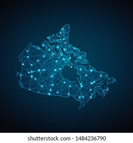 Abstract geometric mesh polygonal light Canada map. Business wireframe mesh spheres from flying debris. Blue structure style vector illustration concept.