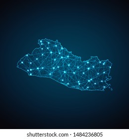 Abstract geometric mesh polygonal light El Salvador map. Business wireframe mesh spheres from flying debris. Blue structure style vector illustration concept.