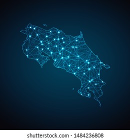 Abstract geometric mesh polygonal light Costa Rica map. Business wireframe mesh spheres from flying debris. Blue structure style vector illustration concept.