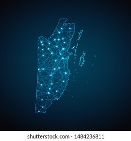 Abstract geometric mesh polygonal light Belize map. Business wireframe mesh spheres from flying debris. Blue structure style vector illustration concept.