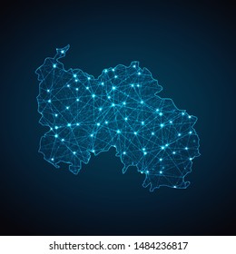 Abstract geometric mesh polygonal light South Ossetia map. Business wireframe mesh spheres from flying debris. Blue structure style vector illustration concept.