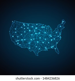 Abstract geometric mesh polygonal light United States of America map. Business wireframe mesh spheres from flying debris. Blue structure style vector illustration concept.