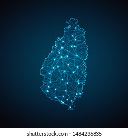 Abstract geometric mesh polygonal light Saint Lucia map. Business wireframe mesh spheres from flying debris. Blue structure style vector illustration concept.