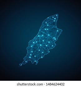 Abstract geometric mesh polygonal light Isle of Man map. Business wireframe mesh spheres from flying debris. Blue structure style vector illustration concept.