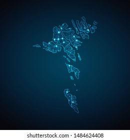 Abstract geometric mesh polygonal light Faroe Islands map. Business wireframe mesh spheres from flying debris. Blue structure style vector illustration concept.