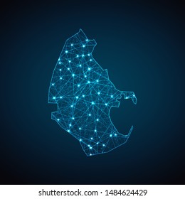 Abstract geometric mesh polygonal light Melilla map. Business wireframe mesh spheres from flying debris. Blue structure style vector illustration concept.