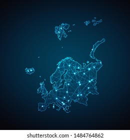 Abstract geometric mesh polygonal light Europe continent map. Business wireframe mesh spheres from flying debris. Blue structure style vector illustration concept.