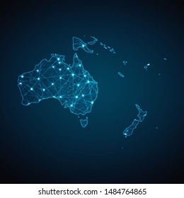Abstract geometric mesh polygonal light Australia continent map. Business wireframe mesh spheres from flying debris. Blue structure style vector illustration concept.