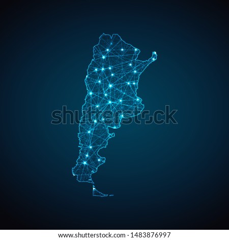 Abstract geometric mesh polygonal light Argentina map. Business wireframe mesh spheres from flying debris. Blue structure style vector illustration concept.