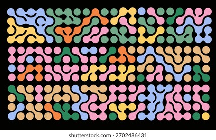 Abstraktes geometrisches Metaballmuster in einem modernen, minimalistischen Stil. Abgerundete, ineinander greifende organische Formen auf schwarzem Hintergrund. Vektorgrafik zum Thema Wissenschaft und Technologie.