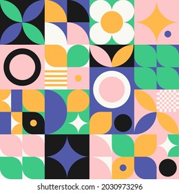 diseño abstracto geométrico a mediados de siglo sin fisuras. ilustración vectorial de formas modernas. colores minimalistas, formas simples, cuadrados y círculos. 50, 60, 70.