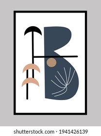 Abstract Geometric mid century modern wall art. Navy, white, black and brown color of Minimalist wall decor. Scandinavian wall decorations.