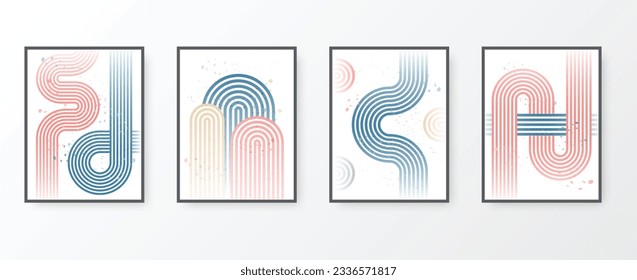 Abstract geometric mid century poster vector set. Blue, red and yellow geometric shapes poster for interior, wall art. Design for wall decor artwork.