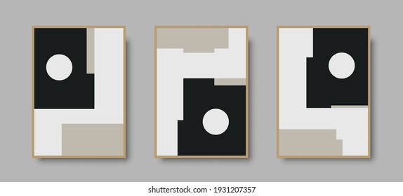 Abstract geometric mid century wall art print set. Black and white poster with geometric shapes for wall art, interior gallery. Artwork for wall decor with neutral colors,minimal. Vector illustration