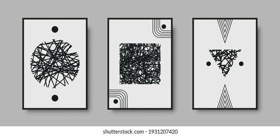 Abstract geometric mid century wall art print set. Black and white poster with geometric shapes for wall art, interior gallery. Artwork for wall decor with neutral colors,minimal. Vector illustration