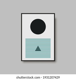 Abstract geometric mid century wall art print. Black and white poster with geometric shapes for wall art, interior gallery. Artwork for wall decor with neutral colors, minimal. Vector illustration