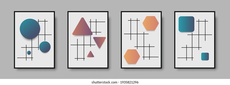 Resumen del conjunto geométrico de la impresión de arte de la pared de mediados del siglo. Afiche en blanco y negro con formas geométricas para el arte de la pared, galería interior. Pintura para la decoración de paredes con colores neutros, mínima. Ilustración del vector