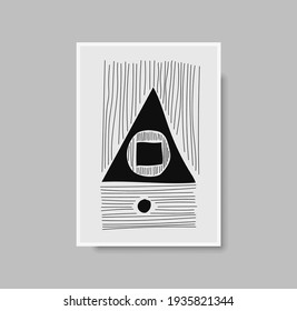 Abstract geometric mid century wall art print. Black and white poster with geometric shapes for wall art, interior gallery. Artwork for wall decor with neutral colors, minimal. Vector illustration