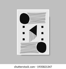 Resumen de la huella de arte geométrica a mediados del siglo. Afiche en blanco y negro con formas geométricas para el arte de la pared, galería interior. Pintura para la decoración de las paredes con colores neutros, mínima. Ilustración del vector