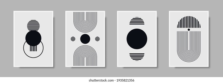 Abstract geometric mid century wall art print set. Black and white poster with geometric shapes for wall art, interior gallery. Artwork for wall decor with neutral colors,minimal. Vector illustration