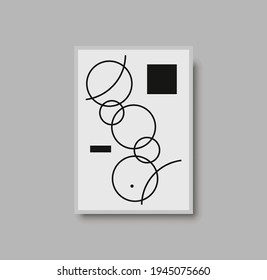 Abstract geometric mid century wall art print. Black and white poster with geometric shapes for wall art, interior gallery. Artwork for wall decor with neutral colors, minimal. Vector illustration
