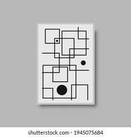 Abstract geometric mid century wall art print. Black and white poster with geometric shapes for wall art, interior gallery. Artwork for wall decor with neutral colors, minimal. Vector illustration