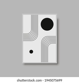 Resumen de la huella de arte geométrica a mediados del siglo. Afiche en blanco y negro con formas geométricas para el arte de la pared, galería interior. Pintura para la decoración de las paredes con colores neutros, mínima. Ilustración del vector