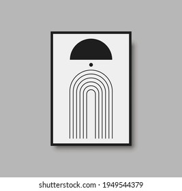 Abstract geometric mid century wall art print. Black and white poster with geometric shapes for wall art, bedroom interior. Artwork for wall decor, brochure design, minimal poster. Vector illustration