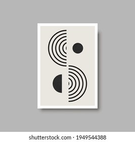 Abstract geometric mid century wall art print. Black and white poster with geometric shapes for wall art, bedroom interior. Artwork for wall decor, brochure design, minimal poster. Vector illustration