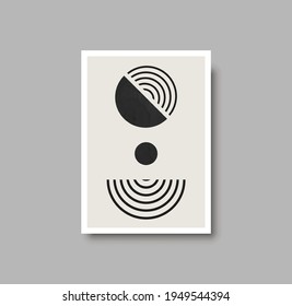 Abstract geometric mid century wall art print. Black and white poster with geometric shapes for wall art, bedroom interior. Artwork for wall decor, brochure design, minimal poster. Vector illustration