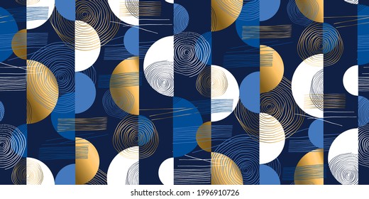 Abstract geometric mid-century modern style seamless pattern for background, fabric, textile, wrap, surface, web and print design. Blue and gold vector tile rapport.