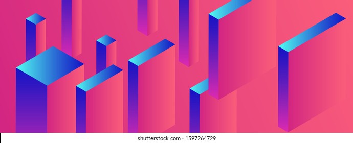 Abstract geometric minimal background with 3d isometric blocks in neon 80's-90's fluorescent lighting. Retrofuturistic Vaporwave and Synthwave style illustration.