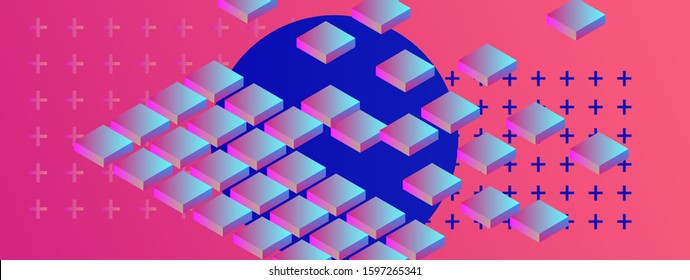 Abstract geometric minimal background with 3d isometric blocks in neon 80's-90's fluorescent lighting. Retrofuturistic Vaporwave and Synthwave style illustration.