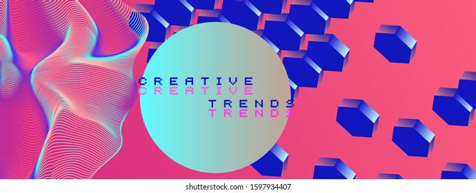 Abstract geometric minimal background with 3d isometric hexagon blocks in neon 80's-90's fluorescent lighting. Retrofuturistic Vaporwave and Synthwave style illustration for music poster or cover.