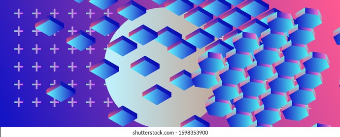 Abstract geometric minimal background with 3d isometric blocks in neon 80's-90's fluorescent lighting. Retrofuturistic Vaporwave and Synthwave style illustration.