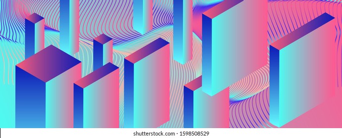 Abstract geometric minimal background with 3d isometric blocks in neon 80's-90's fluorescent lighting. Retrofuturistic Vaporwave and Synthwave style illustration.