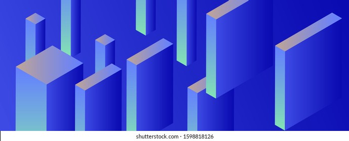 Abstract geometric minimal background with 3d isometric blocks in neon 80's-90's fluorescent lighting. Retrofuturistic Vaporwave and Synthwave style illustration.