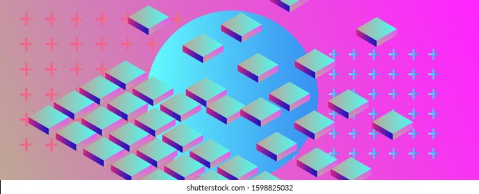 Abstract geometric minimal background with 3d isometric blocks in neon 80's-90's fluorescent lighting. Retrofuturistic Vaporwave and Synthwave style illustration.