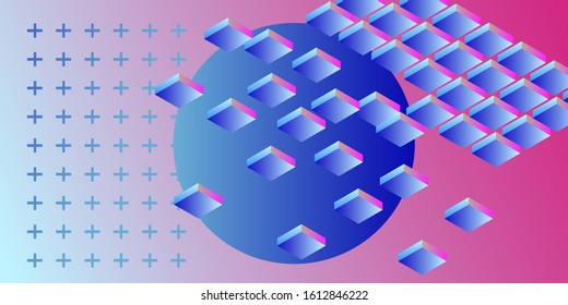 Abstract geometric minimal background with 3d isometric blocks in neon 80's-90's fluorescent lighting. Retrofuturistic Vaporwave and Synthwave style illustration.