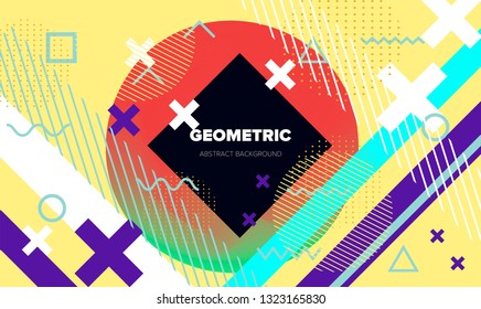 Abstract geometric minimal background, poster template with vivid lively pattern. Neo memphis/ bauhaus style.