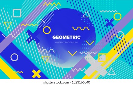 Abstract geometric minimal background, poster template with vivid lively pattern. Neo memphis/ bauhaus style.