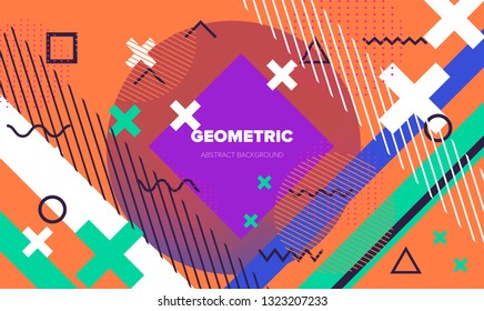Abstract geometric minimal background, poster template with vivid lively pattern. Neo memphis/ bauhaus style.