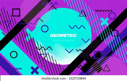 Abstract geometric minimal background, poster template with vivid lively pattern. Neo memphis/ bauhaus style.